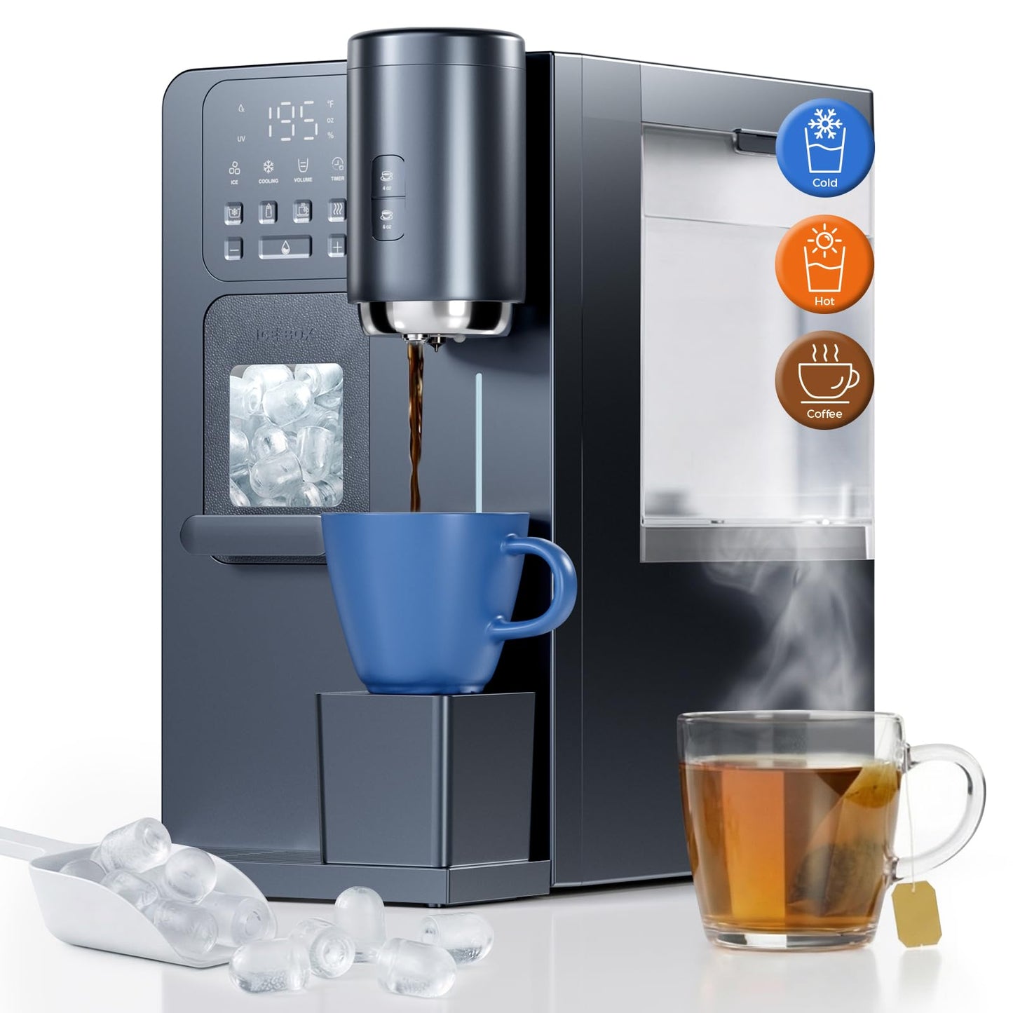 Oylus 3-in-1 Water Dispenser with Ice Maker - Coffee Maker Countertop Bullet Ice Maker with 12H Timer, Hot/Cold/Warm Adjustable Volume Water, K-Cup® Ground Coffee Brewer for Home Office Studio Gift