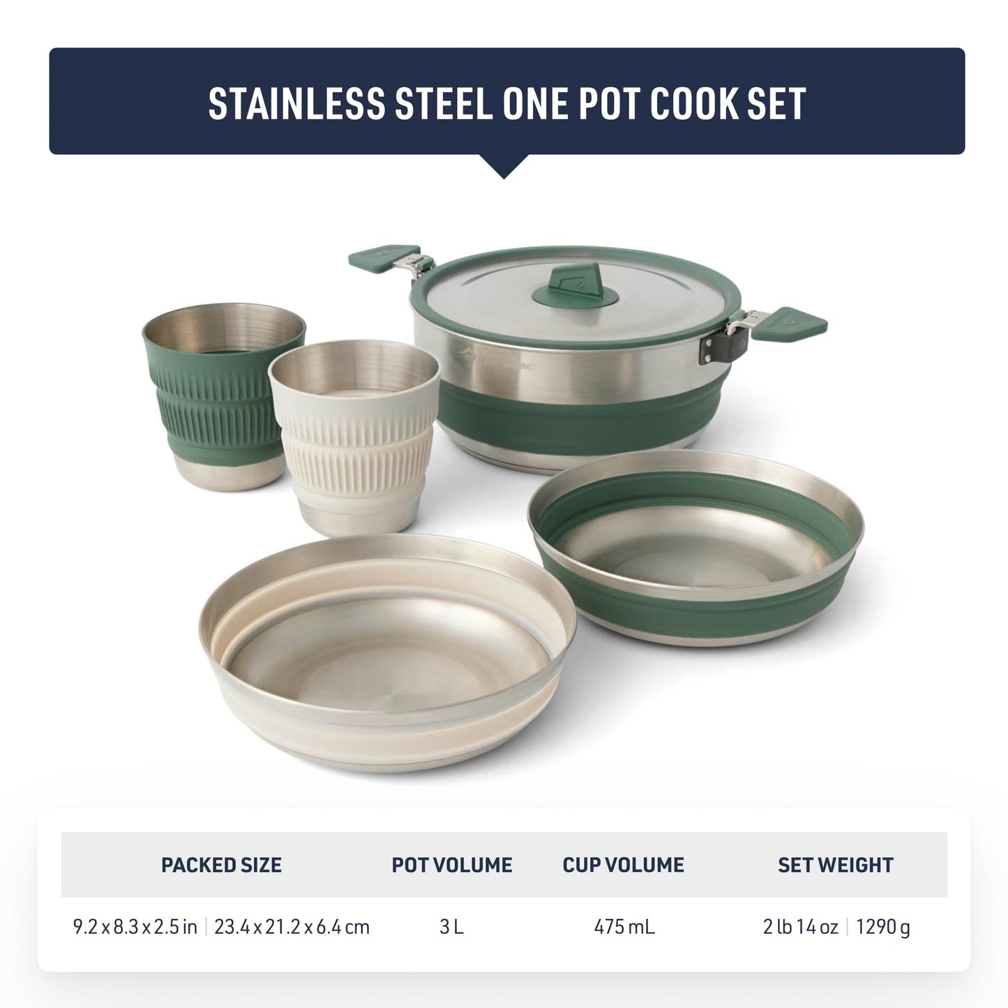 Sea to Summit Detour Stainless Steel One Pot Cook Set for Two (3 Liter Pot, 2 Large Bowls, 2 Mugs)