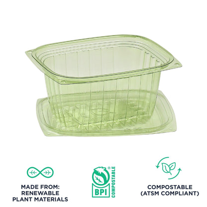 ECO PRODUCTS Compostable 16oz Rectangular Deli Containers With Lids, Case of 300, Veridian Clear Green Meal Prep, Made from PLA, A Renewable Material Made from Plants, One Lid Fits All