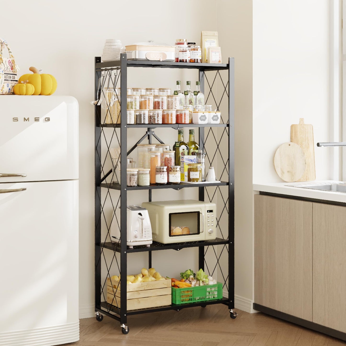 Fenbeli 5 Tier Folding Storage Shelf with Wheels & 8 S-Hooks, No Assembly Heavy Duty Metal Foldable Shelves, 300 LBS Capacity Rolling Collapsible Shelving Unit for Kitchen, Garage, Pantry, Living Room
