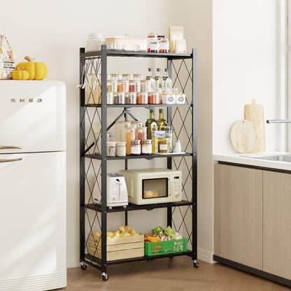 Fenbeli 5 Tier Folding Storage Shelf with Wheels & 8 S-Hooks, No Assembly Heavy Duty Metal Foldable Shelves, 300 LBS Capacity Rolling Collapsible Shelving Unit for Kitchen, Garage, Pantry, Living Room