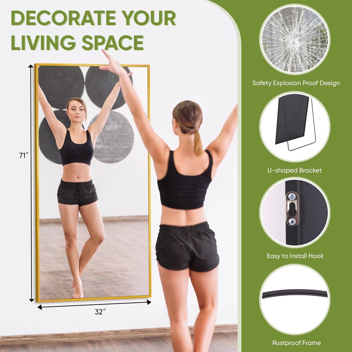 Coomily Full-Length Floor Mirror with Stand, 71"x32" Rectangle Style Full Body Standing Mirror for Bedroom, Living Room, Gym, Dorm - Shatter-Resistant & Easy Assembly, Gold