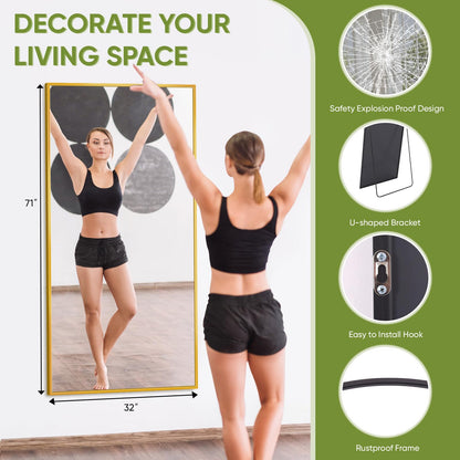 Coomily Full-Length Floor Mirror with Stand, 71"x32" Rectangle Style Full Body Standing Mirror for Bedroom, Living Room, Gym, Dorm - Shatter-Resistant & Easy Assembly, Gold