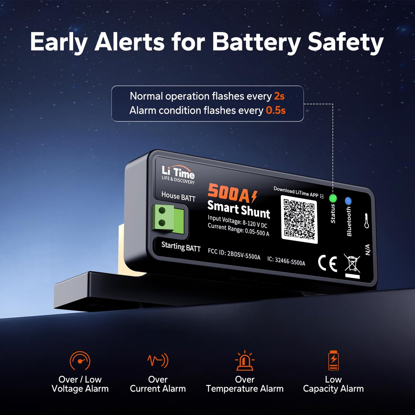 Litime 500A Bluetooth Battery Shunt, Compatible with 8V–120V Lead Acid, LFP, Lithium, AGM Batteries, SOC, Alarm Alerts, History Records, App Monitoring, Ideal for RV/Marine/Off-Grid