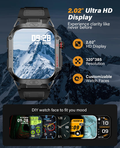 SOUYIE Military Smart Watch for Men Answer/Make Call, 2.02" Outdoor Sport Smartwatch with Flashlight, Heart Rate Blood oxygen Blood Pressure Sleep, 100+ Sport Modes Fitness Tracker for Android and iOS