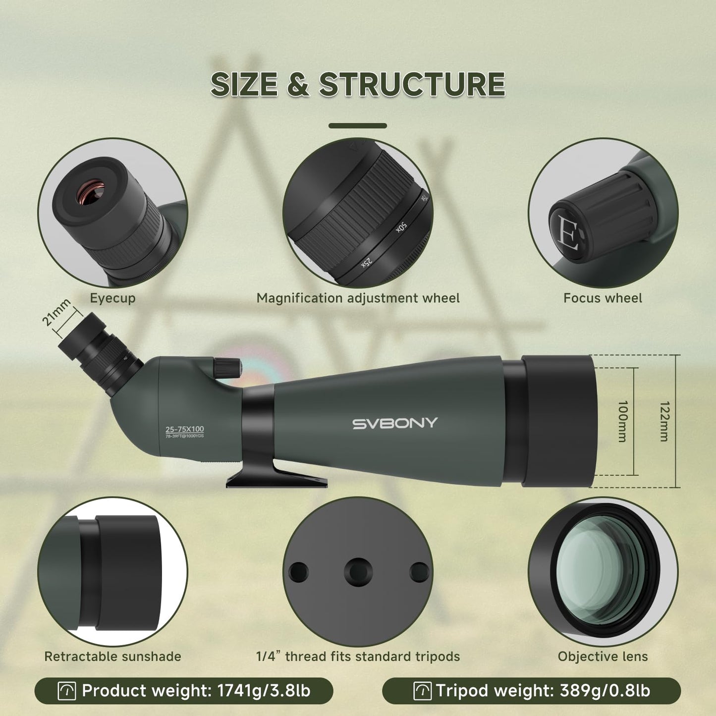 SVBONY SV28 100mm Angled Spotting Scope with SA411 Remote Shutter, 25-75x Spotter Scope with Tripod for Long Range Viewing, FMC HD Optics with Soft Carrying Case & Phone Adapter, Scopes for Shooting