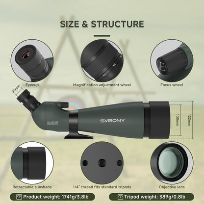 SVBONY SV28 100mm Angled Spotting Scope with SA411 Remote Shutter, 25-75x Spotter Scope with Tripod for Long Range Viewing, FMC HD Optics with Soft Carrying Case & Phone Adapter, Scopes for Shooting