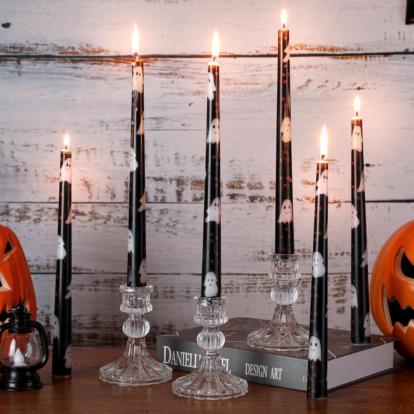 Threlaco 6 Pcs Taper Candles 9.8" Unscented Taper Candles Prints Dinner Table Home Decorations for Thanksgiving Autumn Harvest Festive Halloween Party Gift(Black Halloween Ghost)