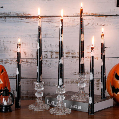 Threlaco 6 Pcs Taper Candles 9.8" Unscented Taper Candles Prints Dinner Table Home Decorations for Thanksgiving Autumn Harvest Festive Halloween Party Gift(Black Halloween Ghost)