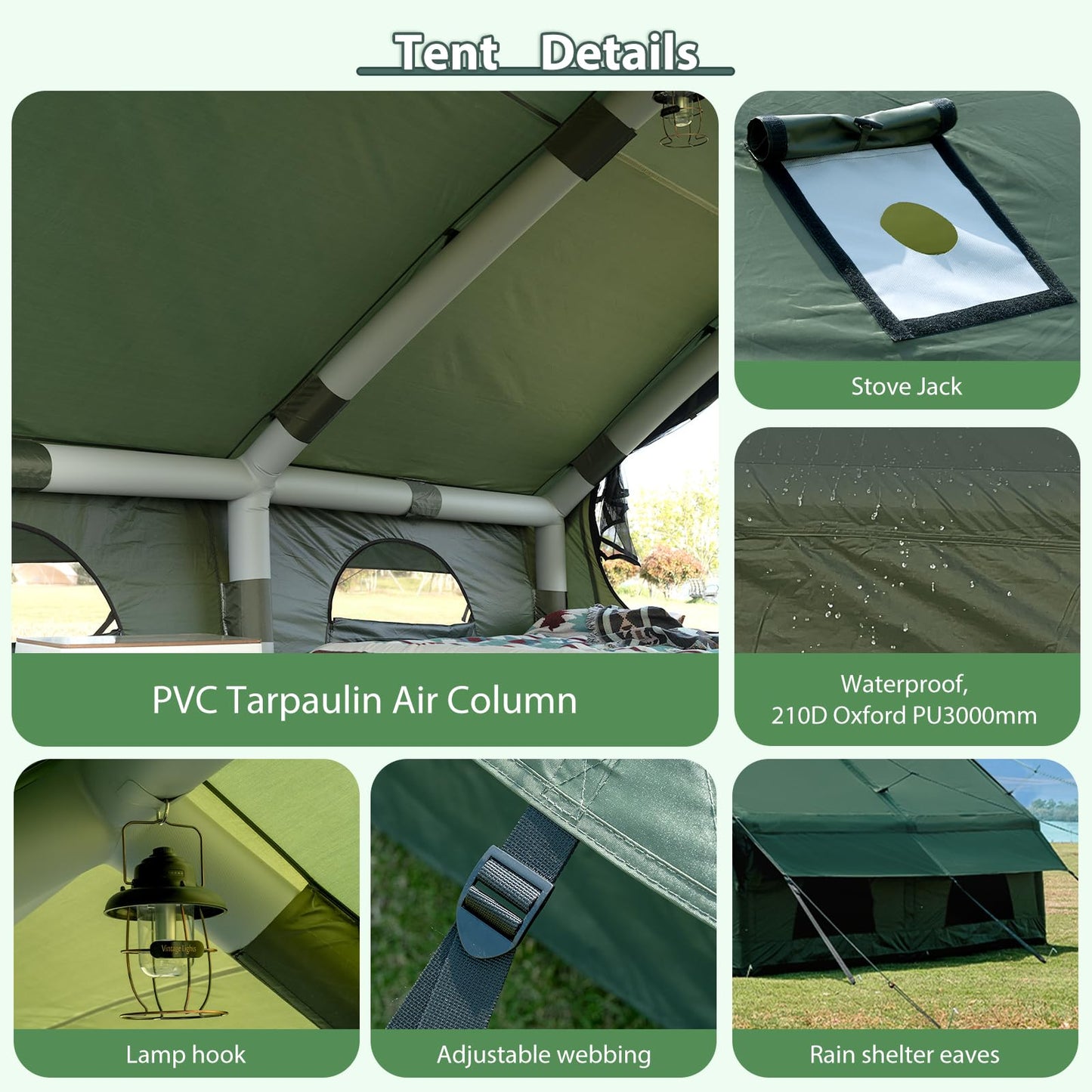 WaldZimmer Inflatable Camping Tent 12sq Green with Hand Pump Easy Setup Waterproof Windproof Outdoor Blow up Tent 6-8 Person Oxford 4 Season Glamping Air Tents Cabin House with Mesh Windows & Door