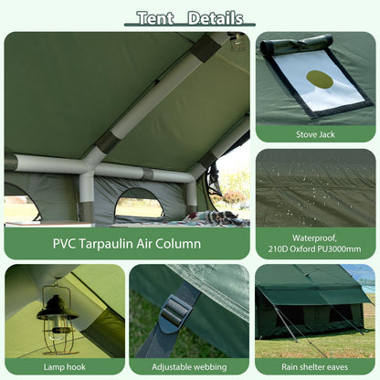WaldZimmer Inflatable Camping Tent 12sq Green with Hand Pump Easy Setup Waterproof Windproof Outdoor Blow up Tent 6-8 Person Oxford 4 Season Glamping Air Tents Cabin House with Mesh Windows & Door