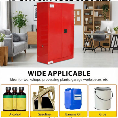 45 Gallon Flammable Safety Cabinet, Industrial Yellow Steel Storage for Flammable Liquids, 2 Adjustable Shelves, Double-Wall Fireproof Cabinet with Manual Close Doors & Vents - Red