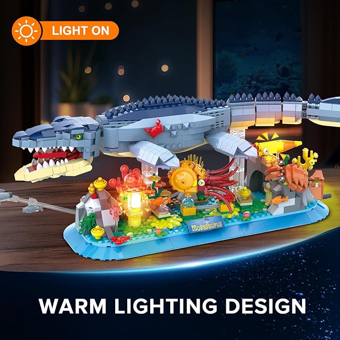 Mosasaurus Building Set with LED Light 1219 PCS Movable Ocean Animal Building Block Toy with Nautiluses Jellyfish Squid Coral Reef Ancient Reptile Home Decor Gift for Adults Teens Boys 12+