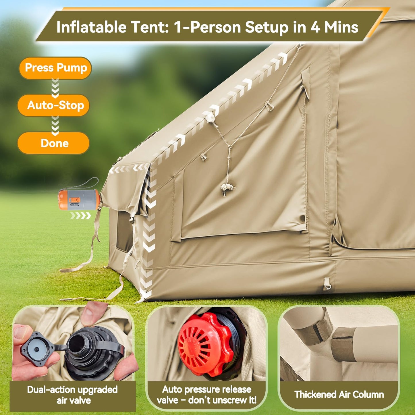 4-6 Person Inflatable Tents for Camping, Easy Blow Up Tent with Electric Pump, 4 Seasons Waterproof Air Inflatable Camping Tent House for Family Camping，Beige