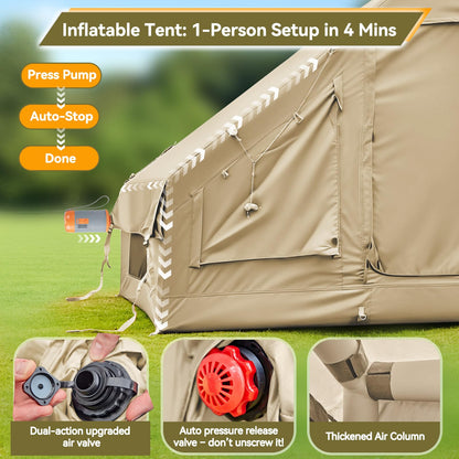 4-6 Person Inflatable Tents for Camping, Easy Blow Up Tent with Electric Pump, 4 Seasons Waterproof Air Inflatable Camping Tent House for Family Camping，Beige