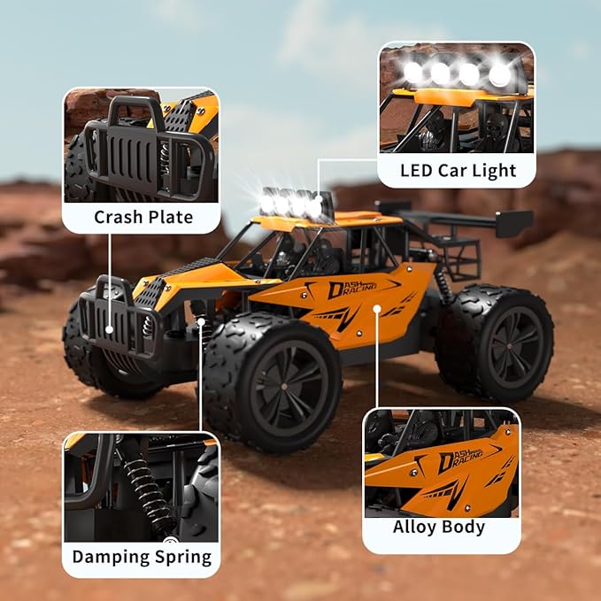 Remote Control Car Monster Truck Toys 1:16 Scale RC Car For Boys 2.4GHz High Speed 20 km/h With LED HeadlightsRechargeable RC Cars Gifts for Boys 4-7 8-12 Christmas Beginner Kids 6-12+(Orange)