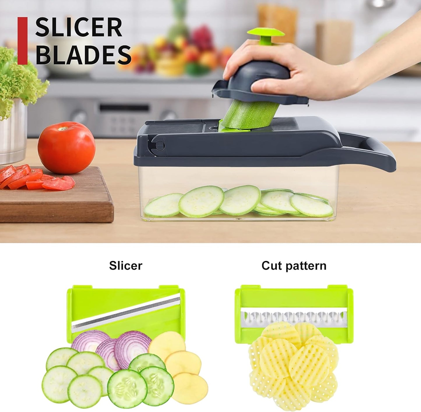 Skiennix Vegetable Chopper Mandoline Slicer - 10-in-1 Multifunctional Kitchen Gadget | Gray/Green