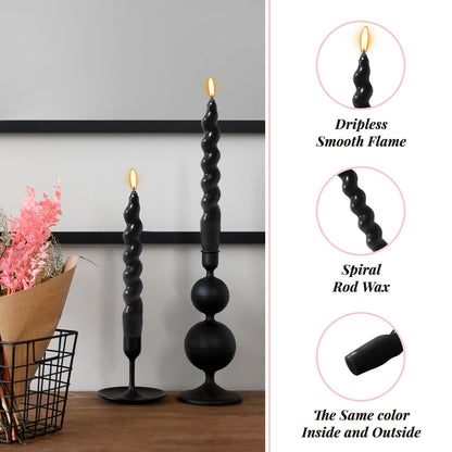 4 Pack 7 Inch Black Spiral Taper Candles, Unscented Dripless Twisted Fat Candlesticks for Home Décor Party Halloween Celebrations