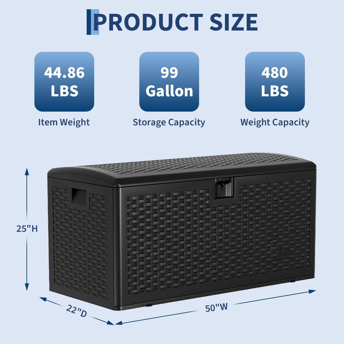 99 Gallon Waterproof Large Resin Deck Box Indoor Outdoor, Lockable Storage Container for Patio Furniture Cushions, Throw Pillows, Garden Tools, and Pool Floats Brown 50" L x 26" W x 25" H