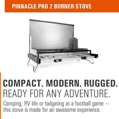GSI Outdoors Pinnacle Pro 2-Burner Camping & Tailgating Stove, Ultra-Slim Portable Propane, 25,000 BTU, Windscreens, Folding Legs, Outdoor Cooking