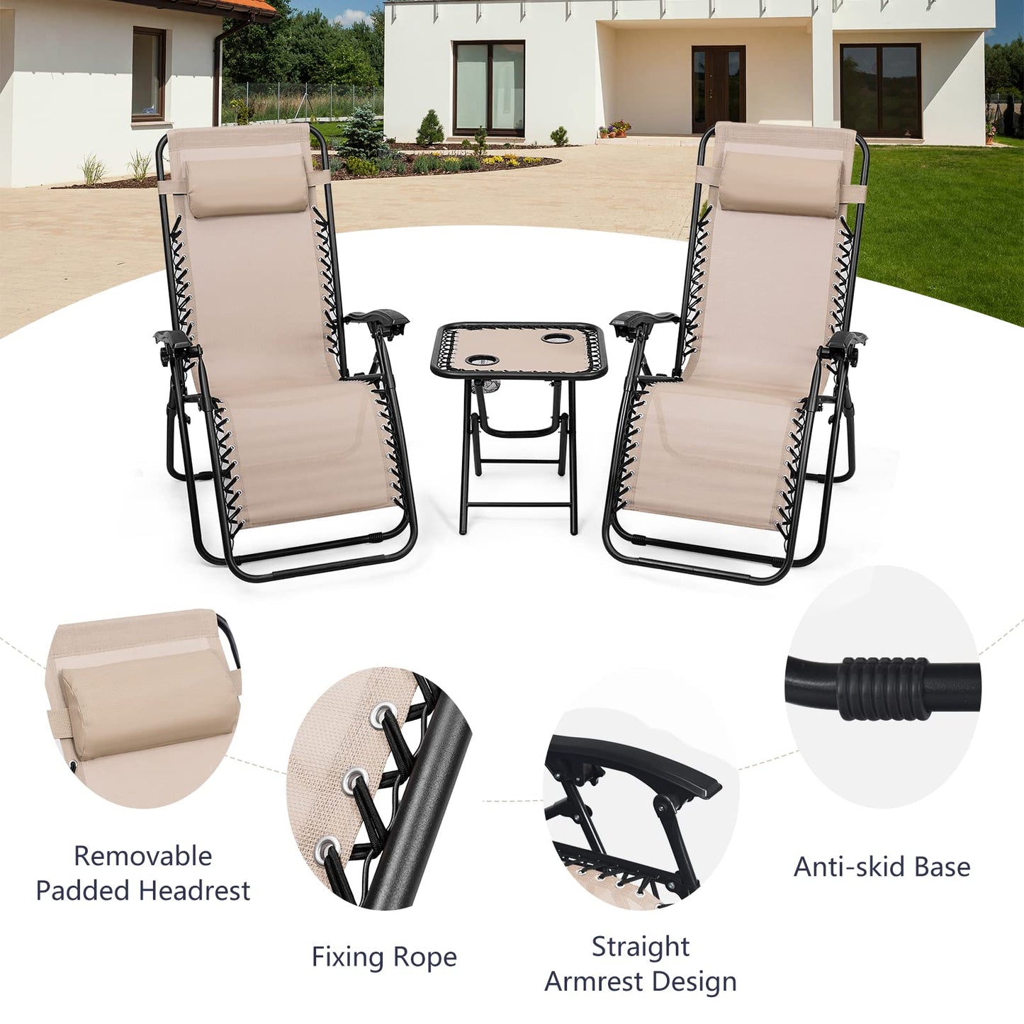 HAPPYGRILL Zero Gravity Lounge Chairs Set with Coffee Table, Folding Reclining Chairs with Side Table and Pillow, 3 Pieces Adjustable Patio Lawn Recliner Set for Outdoor Garden Camp Travel