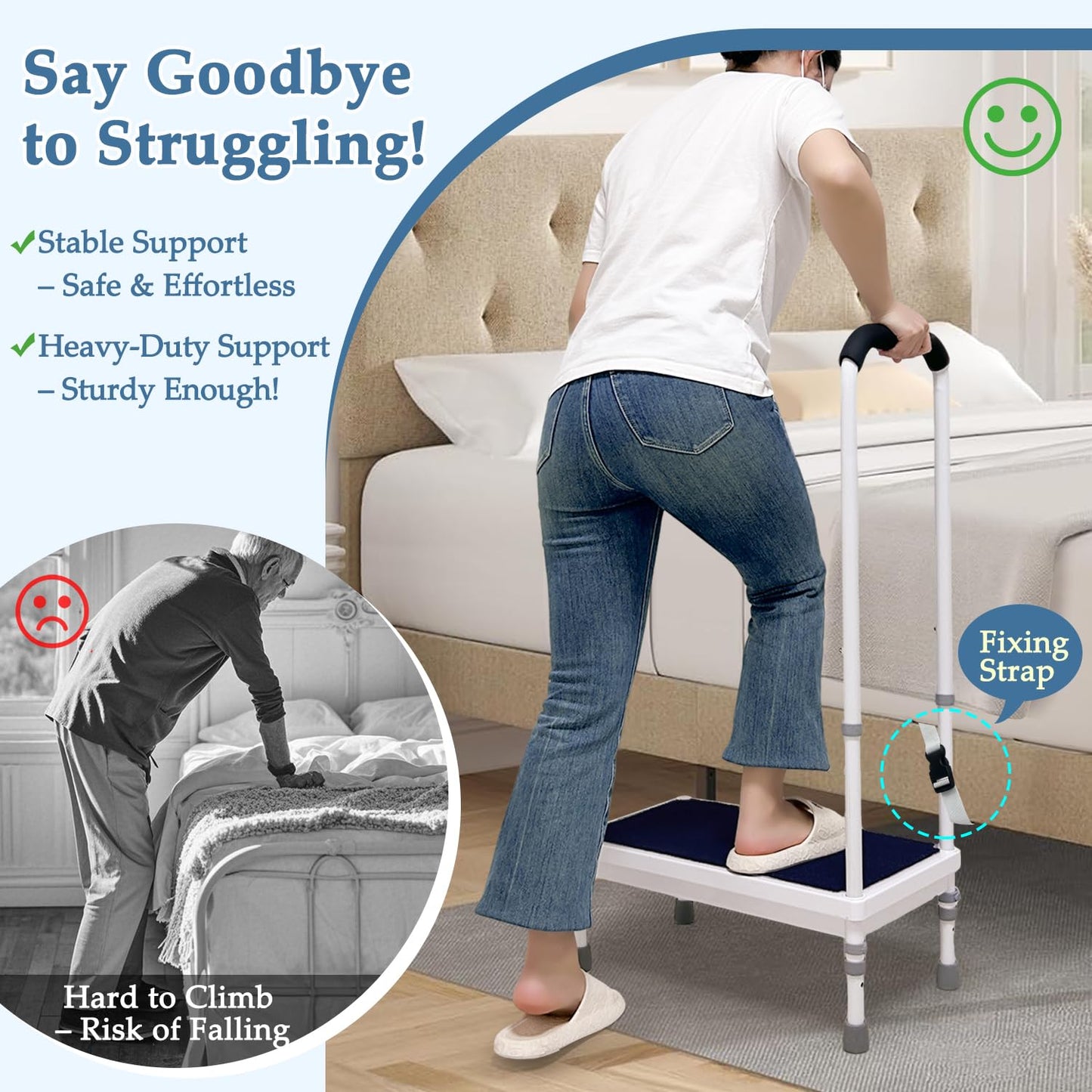 Bedside Step Stool with Handle for High Beds, 400lb Heavy Duty Bed Steps for Seniors & Adults, Non-Slip Wide Platform Medical Stepping Stool with Padded Handrail, SUV & Bathroom Assist (21.65-Stool)