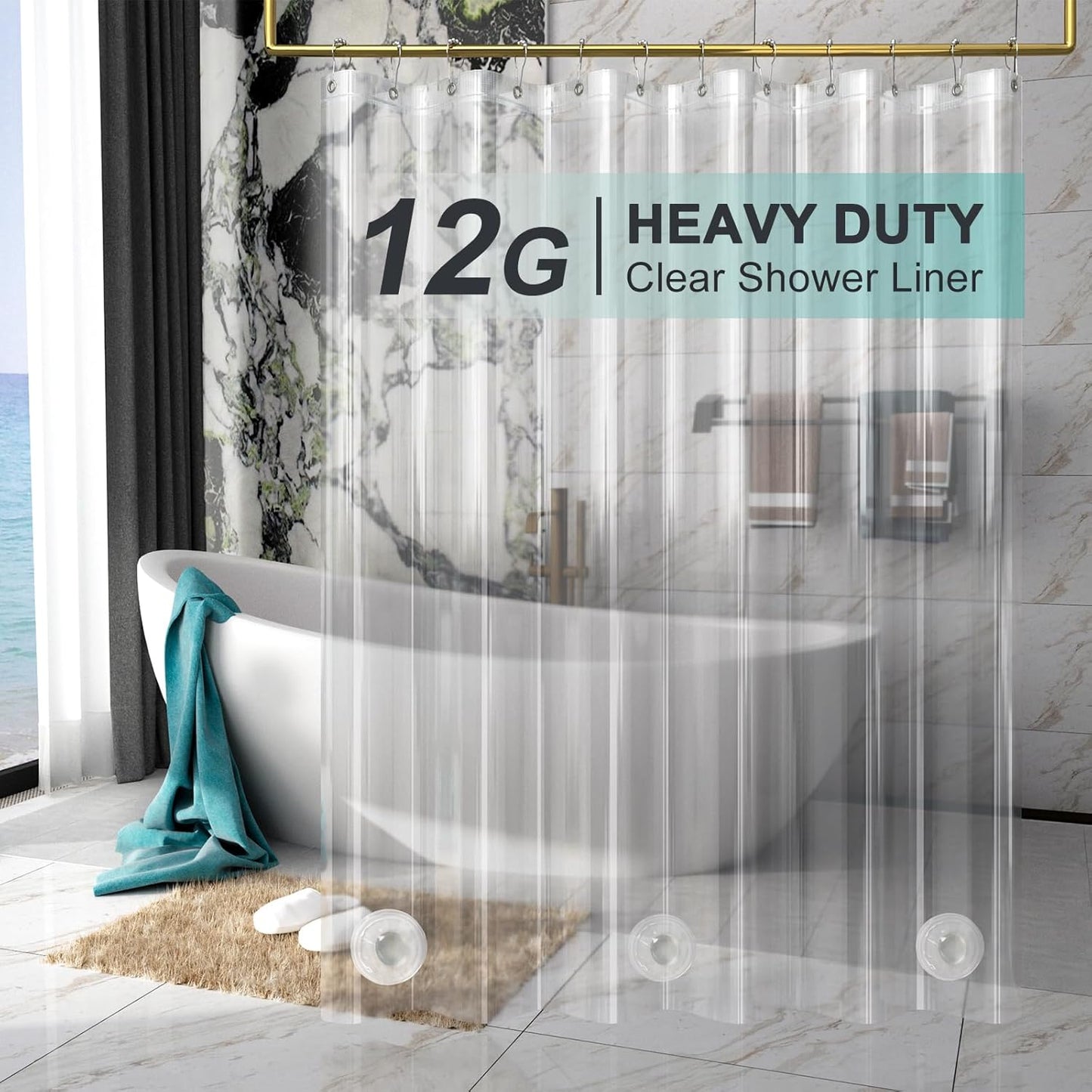 AmazerBath Heavy Duty Shower Curtain Liner - 12 Gauge Clear 72 x 72 Inches with 3 Weights & Grommets