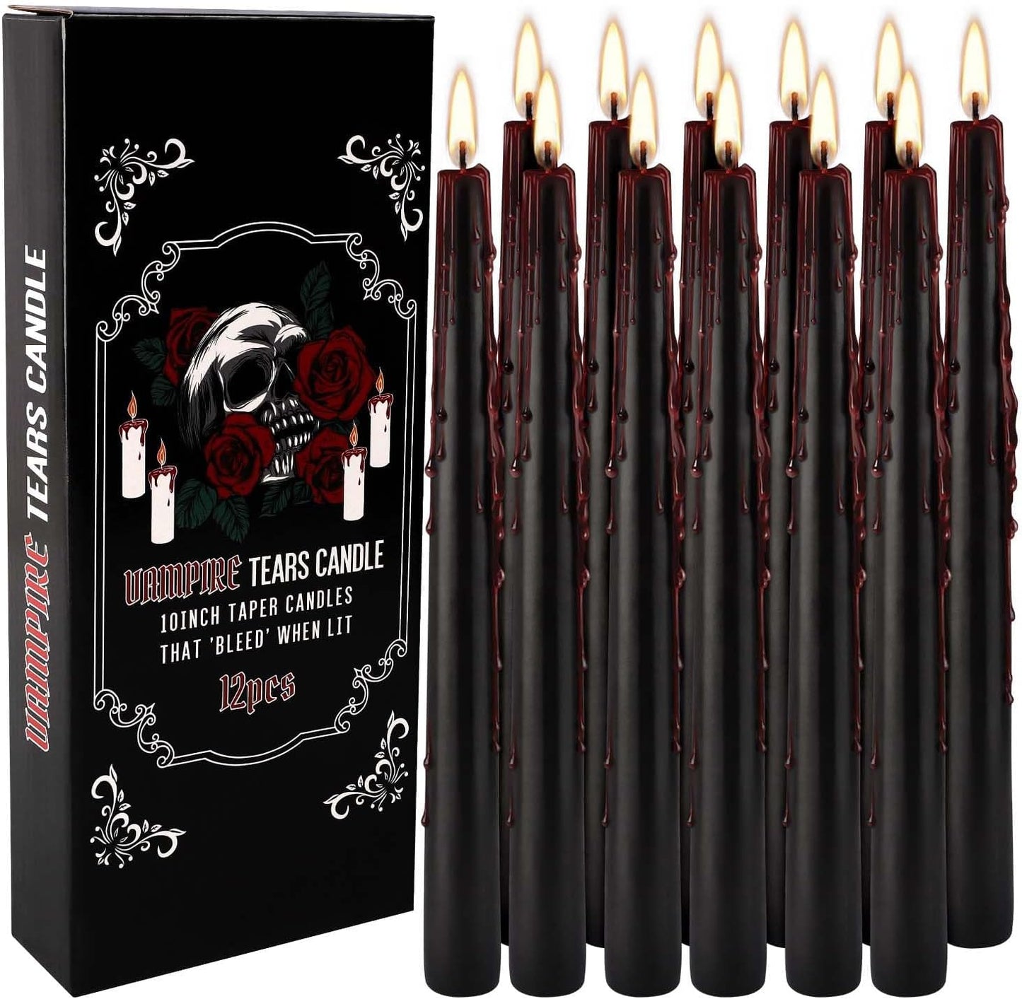 Wfmolcand 12PCS 10-Inch Black Bleeding Taper Candles,Vampire Tears Taper Candles- Unscented Ideal for Gothic Rituals Halloween, Christmas, Rituals, and Themed Party Decor