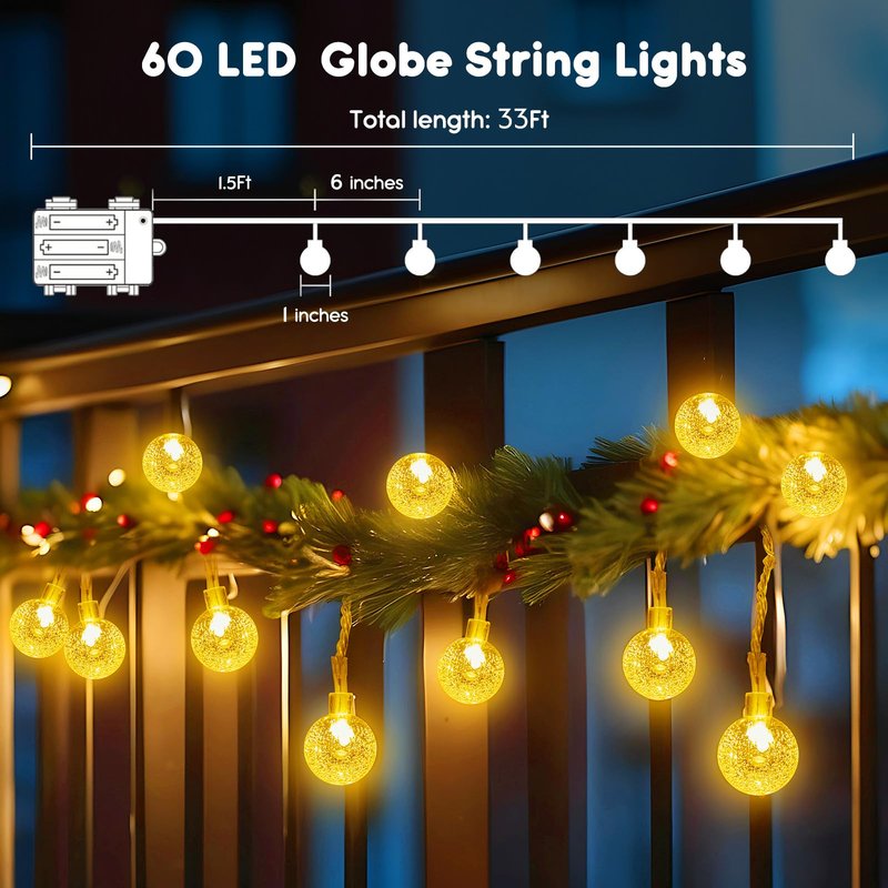 Minetom Crystal Globe String Lights Battery Operated - 33 ft 60 LED Globe Fairy Lights with Remote and 8 Modes, Waterproof for Bedroom Tent Loft Camping Porch Patio Party Wedding Decor, Warm White