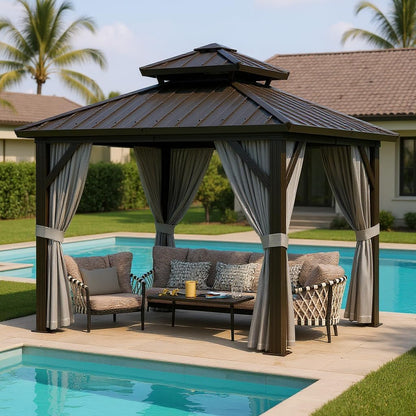 10x10 ft Double Roof Hardtop Gazebo, Heavy Duty Galvanized Steel Pavilion with Netting and Curtains, Metal Roof Patio Gazebo for Terrace, Lawn, and Deck, Gray