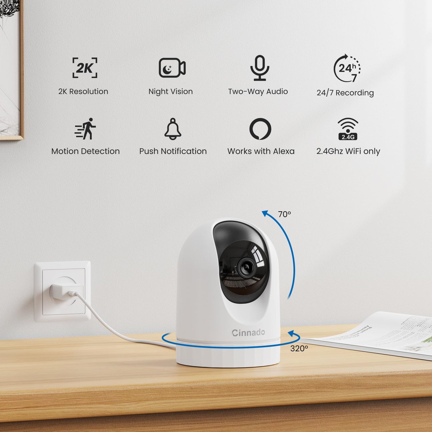 Cinnado 2K Home Security Cameras-2.4Ghz WiFi Indoor Camera with 360° Motion Detection for Pets/Nanny/Baby/Dog, 2 Way Audio, 24/7 SD Card Storage, Cloud Storage, Works with Alexa & Google Home, D1 4P