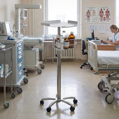 DaisyInner Adjustable Mobile Medical Cart with Wheels, Load up to 33 Lbs, Laptop Rolling Cart with Storage Basket 16.5" x 16.7" Large Tabletop Medical Trolley Workstation for Hospital, Lab Use(Frame)
