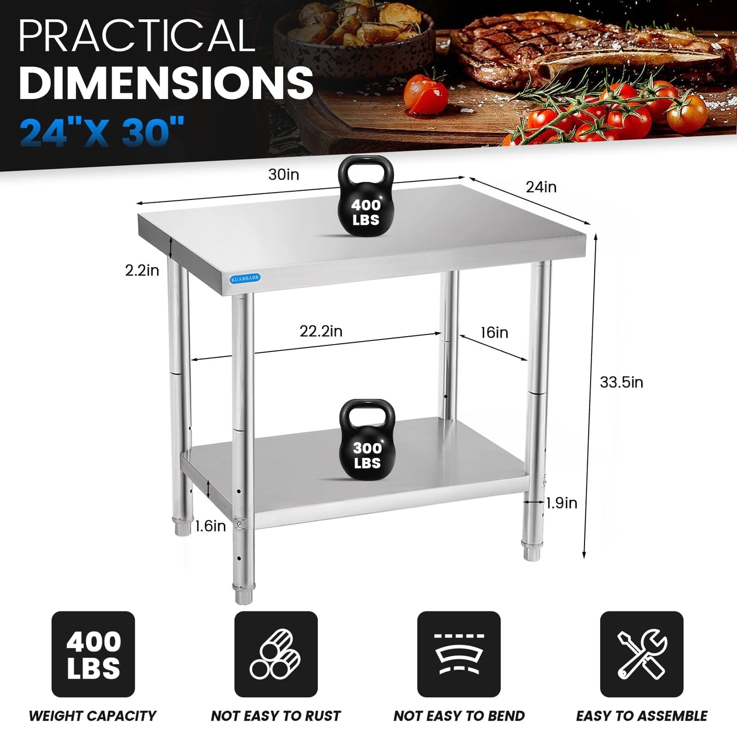 KUARBARR Stainless Steel Table for Prep & Work with Undershelf 24 x 36 Inches NSF Metal Commercial Kitchen Prep Table with Adjustable Under Shelf Worktable for Restaurant Home Outdoor