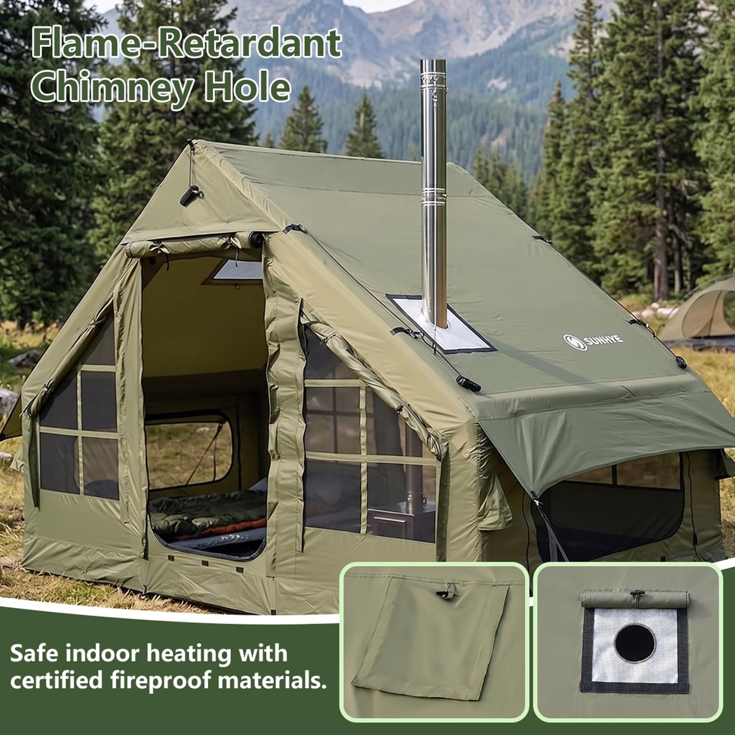 Inflatable Tents for Camping - Blow Up Tent with Stove Jack and Pump, Hot Cabin Tent House Easy Setup 4 Season Waterproof Oxford Glamping Air Tents for Adult 2/3/4 Person
