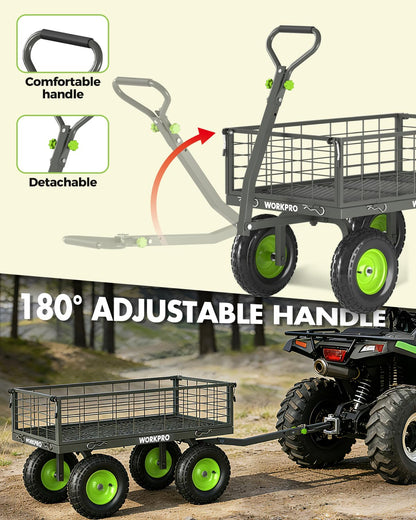 WORKPRO Large Heavy Duty Garden Cart 770 lb, 2-in-1 Convertible Utility Wagon with Removable Sides, 180° Tow Handle for ATV or Lawn Tractor, 270° Steering, Extra Large Yard Cart with All Terrain Tires