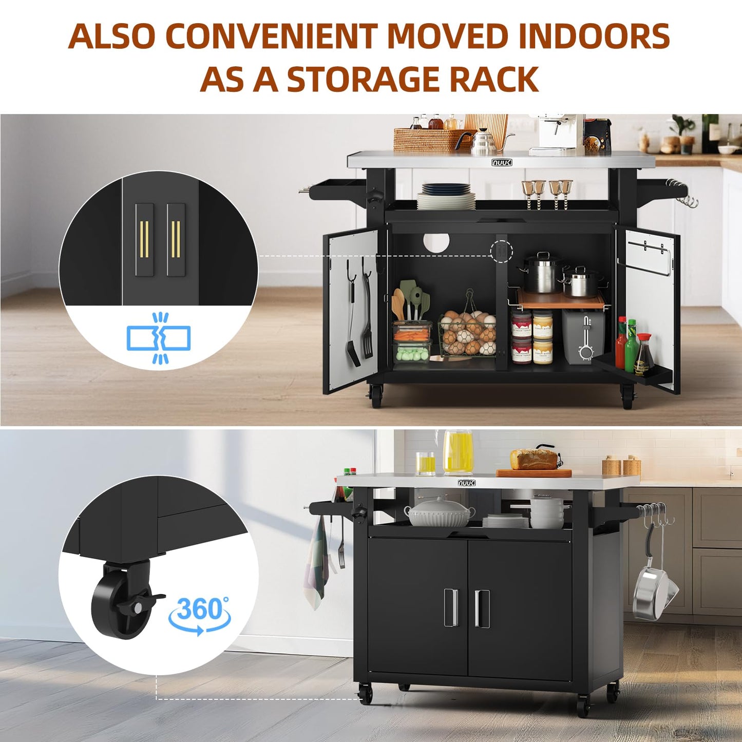 NUUK Outdoor Grill Cart with Storage Cabinet Metal Kitchen Island Prep Table with Movable Universal Wheels and Stainless Steel Top for Outside BBQ Backyard Include Hooks Spice Rack