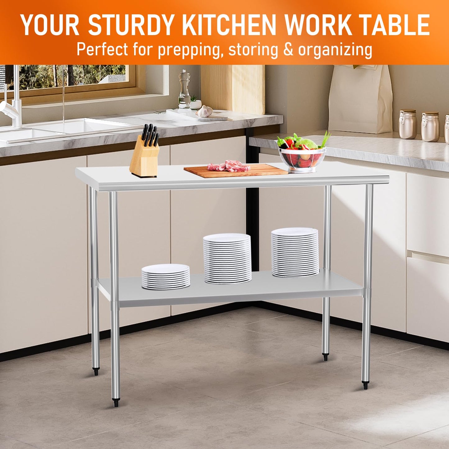 Stainless Steel Table for Food Prep & Work 24 x 48 inches Utility Table with Adjustable Undershelf, Commercial Workstation in Kitchen, Garage, Outdoor BBQ