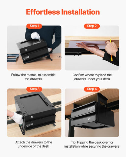 VEVOR Under Desk Double Stacked Lockable Slide Out Drawer, 13 inch Lockable Under Table Pull-out Drawer Attachment for Sit Stand Workstation, Secure Under Desk Storage Organizer, Black