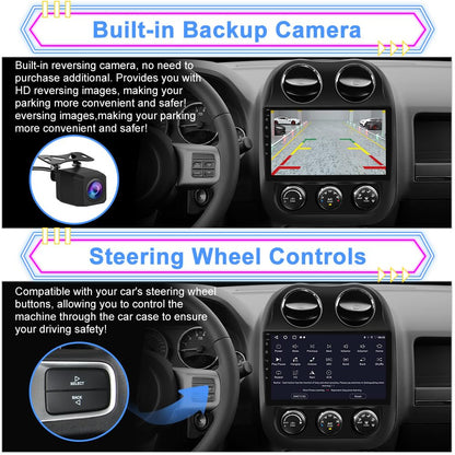 Car Radio for Jeep Compass Patriot 2010–2016, 10.1" Touchscreen Android 13 Stereo Quad-Core | 2GB RAM 64GB ROM | Wireless CarPlay Android Auto | Backup Camera, WiFi, FM AM, Steering Wheel Control