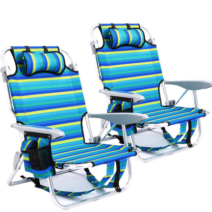 Canpsky 2 Pack Lightweight Portable Camping Beach Chair for Adults, Outdoor Lay Flat Folding Beach Chairs with 5 Positions, Backpack Beach Chair with Towel Bar, Zipper Pouch, Cup Holder, Ocean Striped