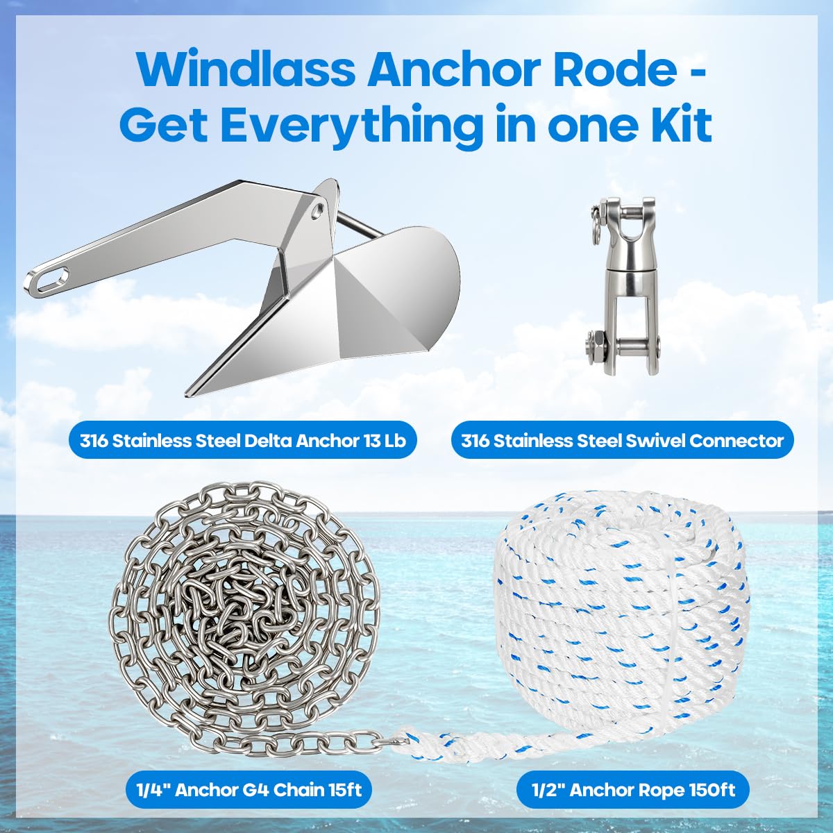 FUCNEN 316 Stainless Steel Delta Anchor 13 Lb, 1/2" Anchor Rope 150 ft, 1/4" HT G4 Marine Anchor Chain 15ft & Swivel Connector Boat Anchor Kit for Windlass System