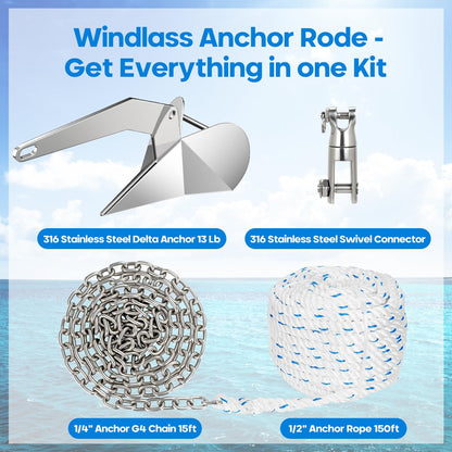 FUCNEN 316 Stainless Steel Delta Anchor 13 Lb, 1/2" Anchor Rope 150 ft, 1/4" HT G4 Marine Anchor Chain 15ft & Swivel Connector Boat Anchor Kit for Windlass System