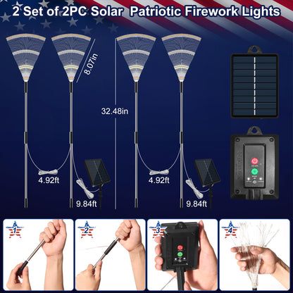 JORETLE Solar Firework Lights, 180 LED, 8 Modes & Timer, 2 Sets of 2 Pieces, Red White Blue, Outdoor Decorations for 4th of July