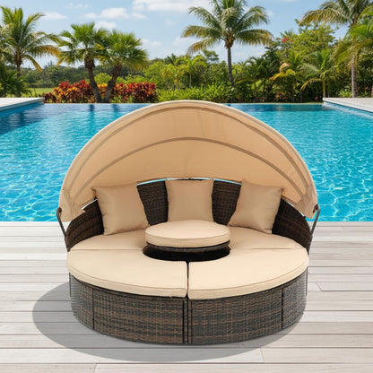 GDFStudio Outdoor Rattan Round Daybed with Canopy, Patio Wicker Lounge Bed with Lift-Top Coffee Table, Clamshell Sectional Seating Sofa Bed with Cushions & Pillows for Garden, Poolside, Beige