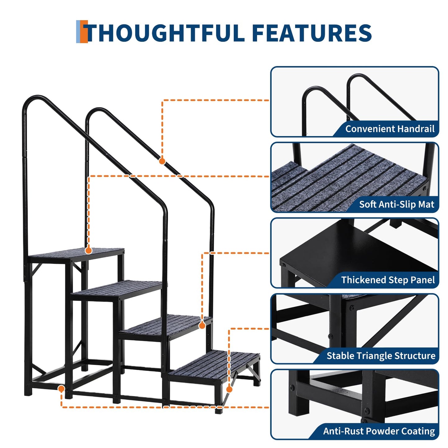GarveeTech Portable 4-Step RV Stairs with Handrails, RV Steps Ladder with Non-Slip Mats, for Travel Trailers, Campers, Hot Tubs, Porch, Pool, Pets