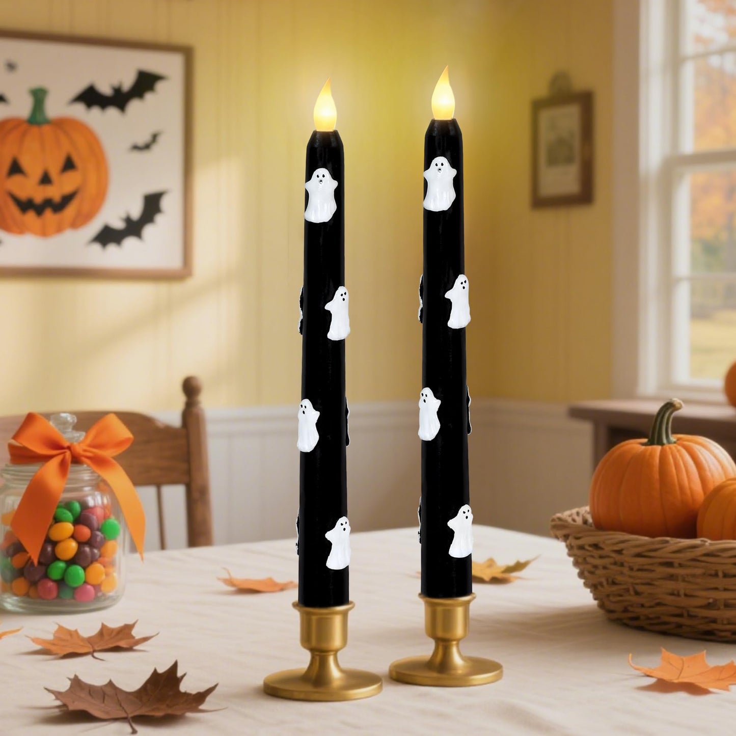 Halloween Ghost Flameless Taper Candles with Remote & Timer, Real Wax Black LED Taper Candles for Home Haunted House Halloween Party Decorations, Set of 2