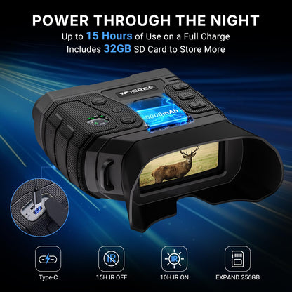 WOGREE Night Vision Goggles, 4K Night Vision Binoculars for Adults, 36MP Photo, 5000mAh Rechargeable Battery, 1300FT Range, 8X Digital Zoom, Infrared Vision, 32GB SD, Flashlight & Compass for Camping