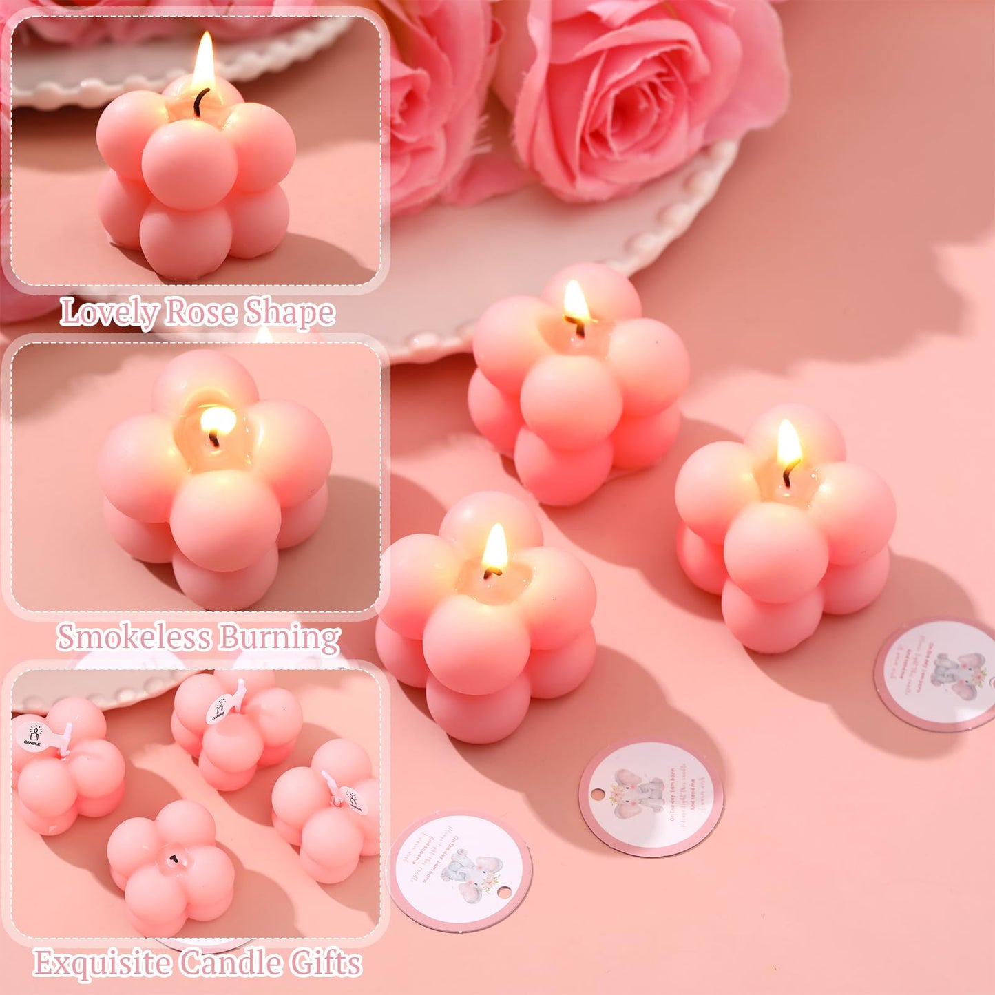 MTLEE 24 Sets Elephant Baby Shower Candle Favors Small Bubble Candle Baby Shower Favors for Guests Tea Candles Bulk with Stylish Ribbons Cards Gifts Party Decoration(Pink,Elephant)