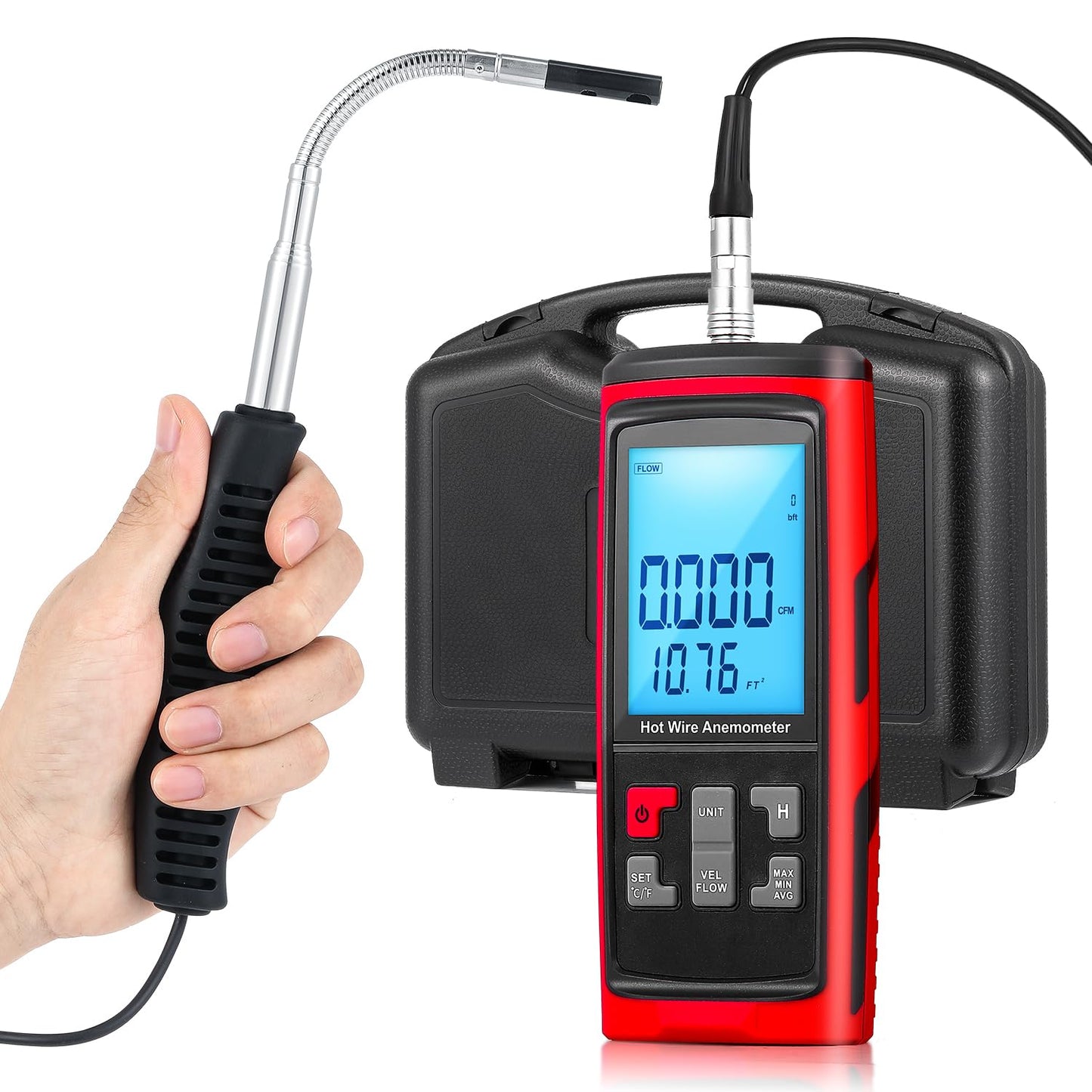 Bonvoisin Anemometer Handheld Hot Wire Air Flow Velocity Meter CFM Wind Speed Gauges with Data Output Software Telescopic Probe for in Duct HVAC, Outdoor (Thermal Anemometer)
