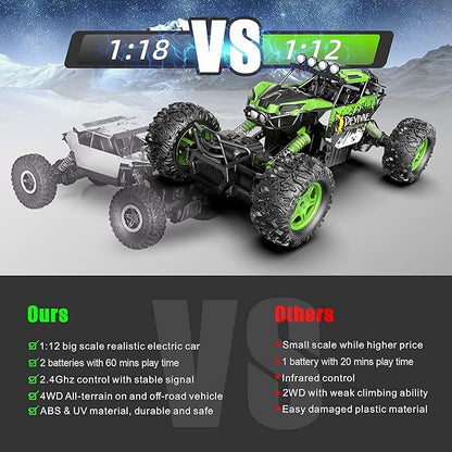 CROBOLL 1:12 Large RC Cars for Boys with Upgraded Lifting Function 2.4GHz 4WD Remote Control Car Toy Gifts 20km/h Monster Truck for Kids All Terrain RC Truck for 60Min Play(Green)